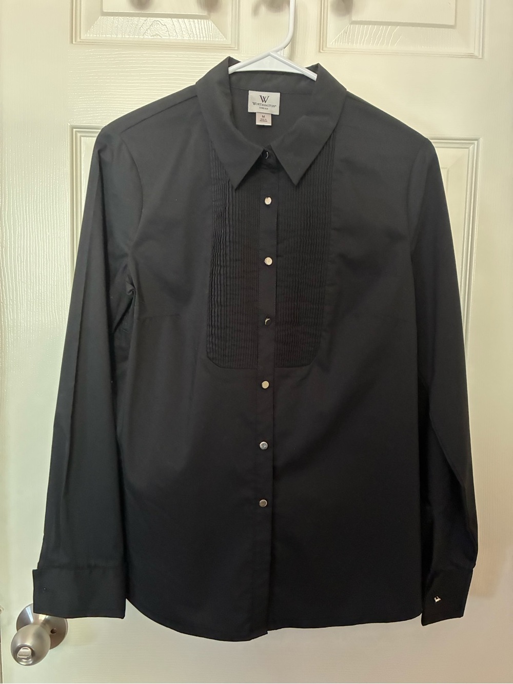 Worthington Black Long-Sleeve Button-Down Pleated Bib Shirt